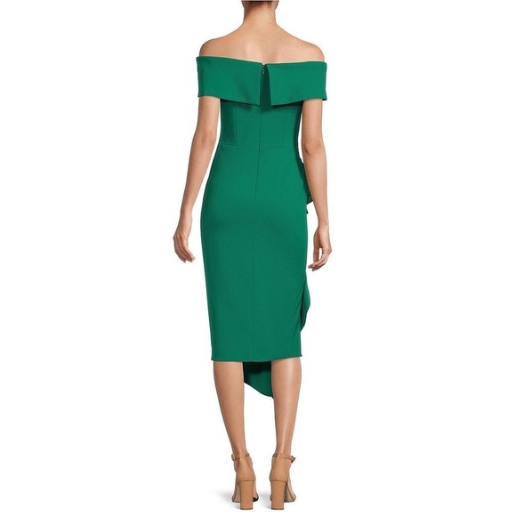 Betsy & Adam Off-the-Shoulder Stretch Crepe Drape Front Sheath Midi Dress - Picture 2 of 7
